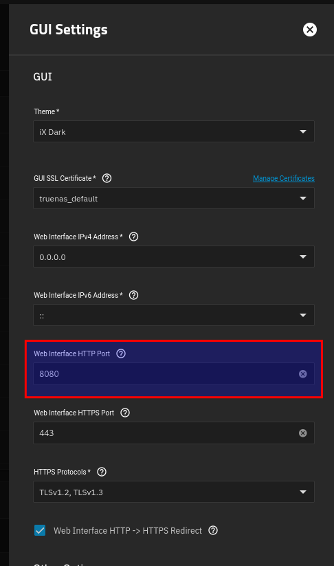TrueNAS GUI HTTP port setting