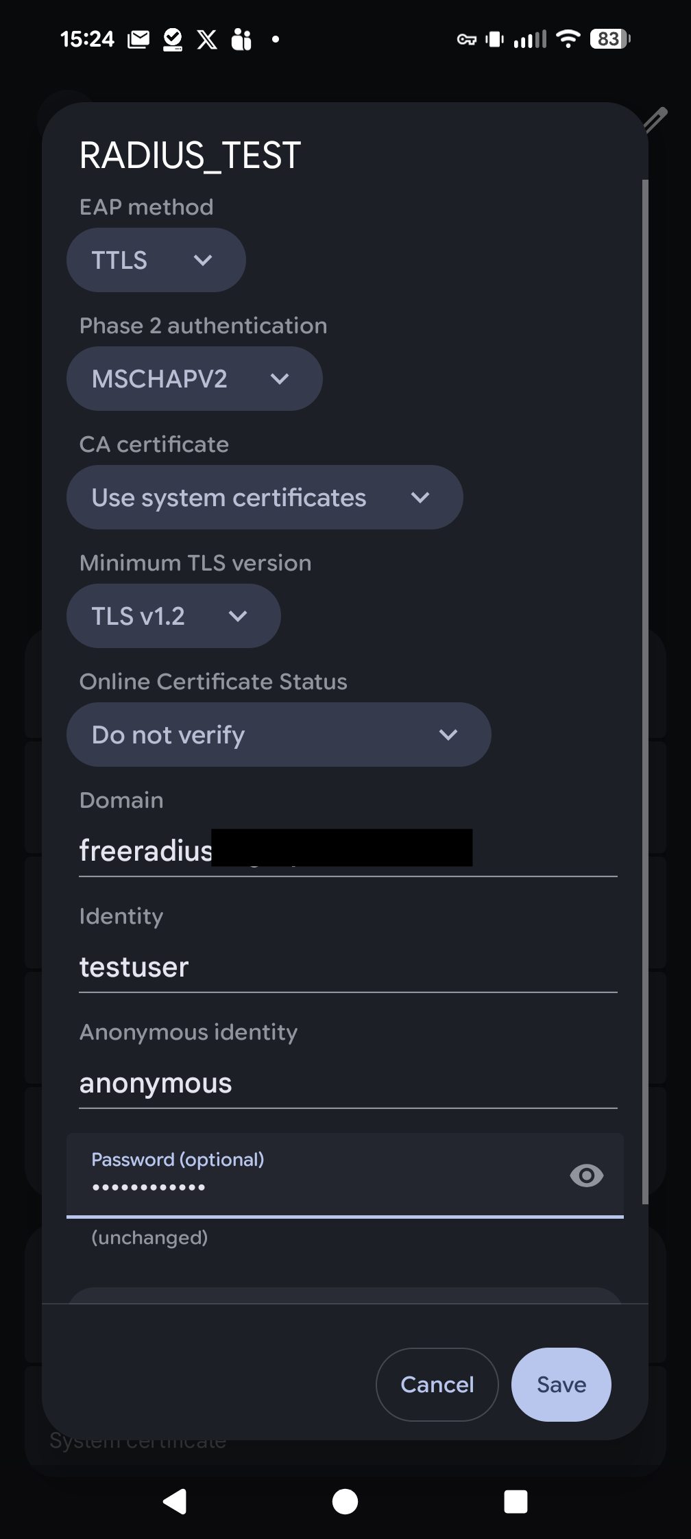 Showing how to configure a WiFi network with TTLS and MSChapv2 on Android