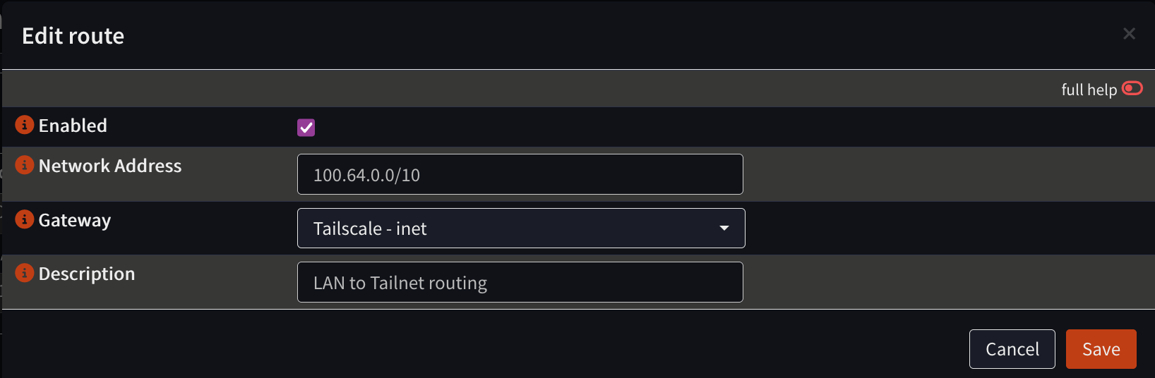 Tailscale static route configuration page